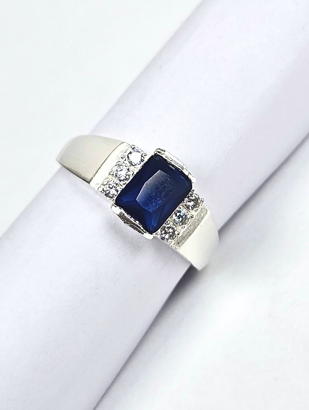 Men's Rectangular Blue CZ Ring 925 Sterling Silver Statement Ring Size 11
